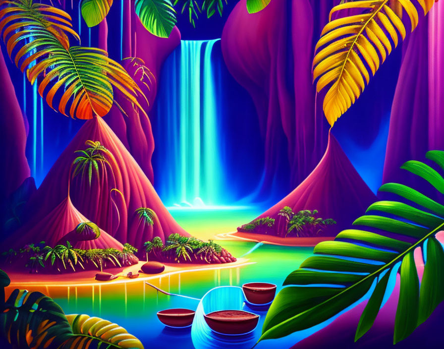 Vibrant tropical landscape with waterfall, lush foliage, neon highlights, and small boats