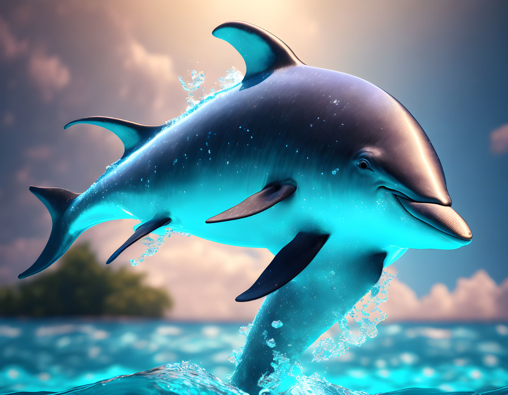 Dolphin leaping from ocean with splashing water against blue sky