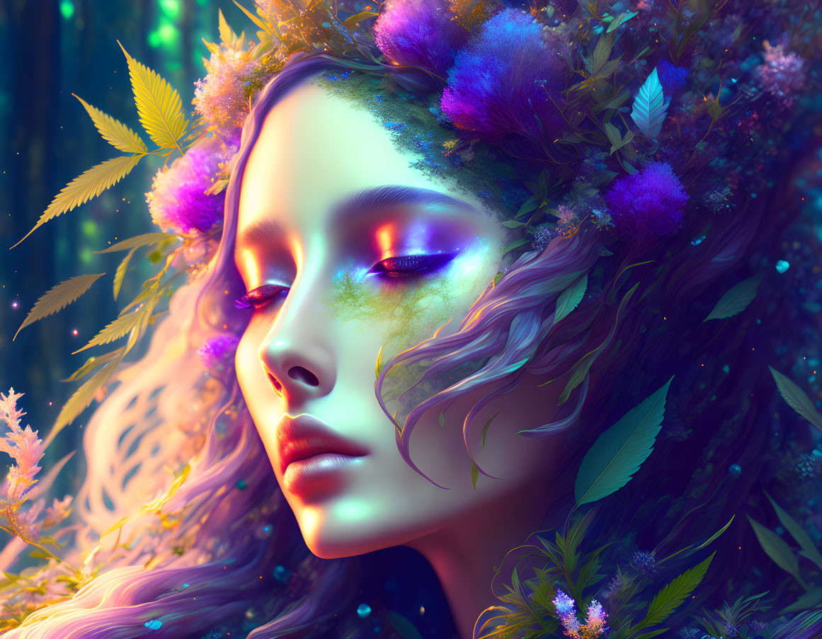 Digital artwork: Woman's face with luminescent plants and flowers