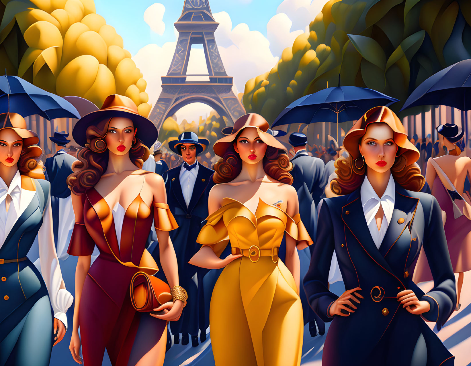 Stylish People in Vintage Fashion near Eiffel Tower on Sunny Day