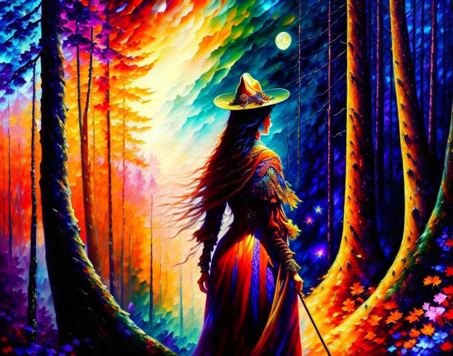 Colorful Fantasy Painting of Woman in Hat in Vibrant Forest