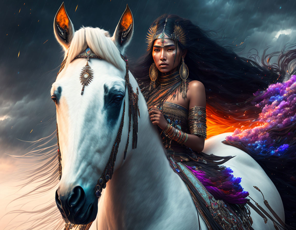 Warrior woman on white horse under cosmic sky