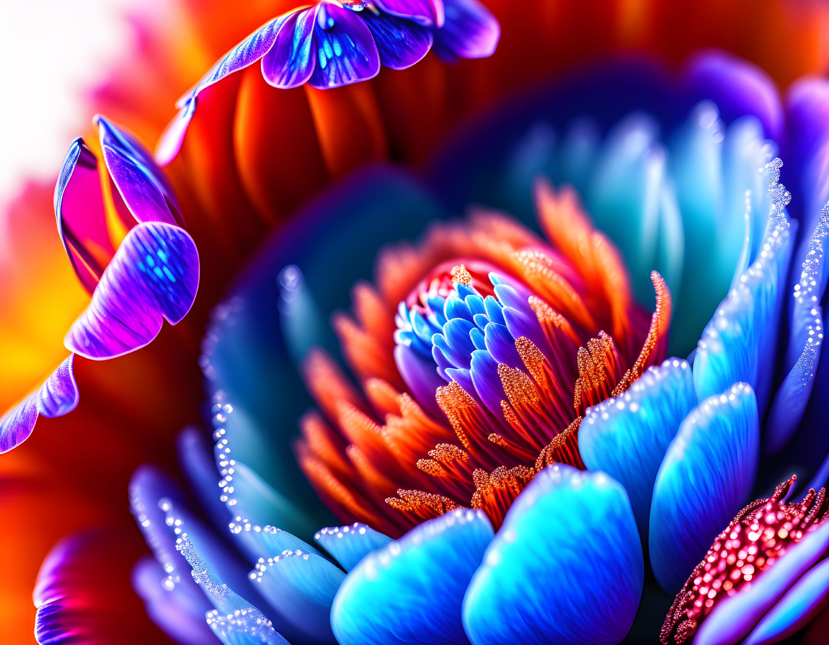 Close-up vibrant flower image: blue, orange, purple petals with dew drops.