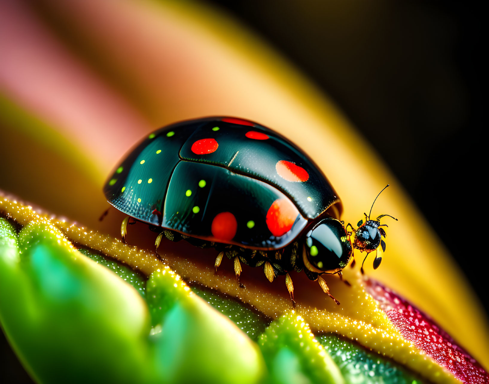 Red and white spotted ladybug crawling on colorful, dew-covered leaf