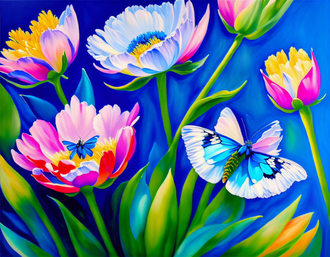 Colorful Flowers Painting with Blue Butterfly on Deep Blue Background