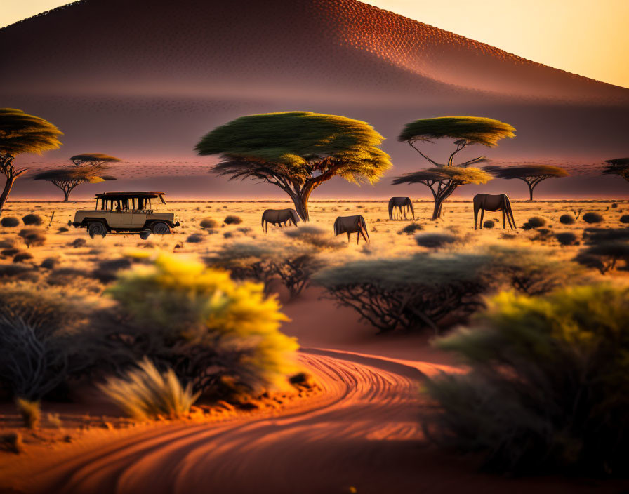 Safari vehicle in desert landscape with elephants and acacia trees at sunset