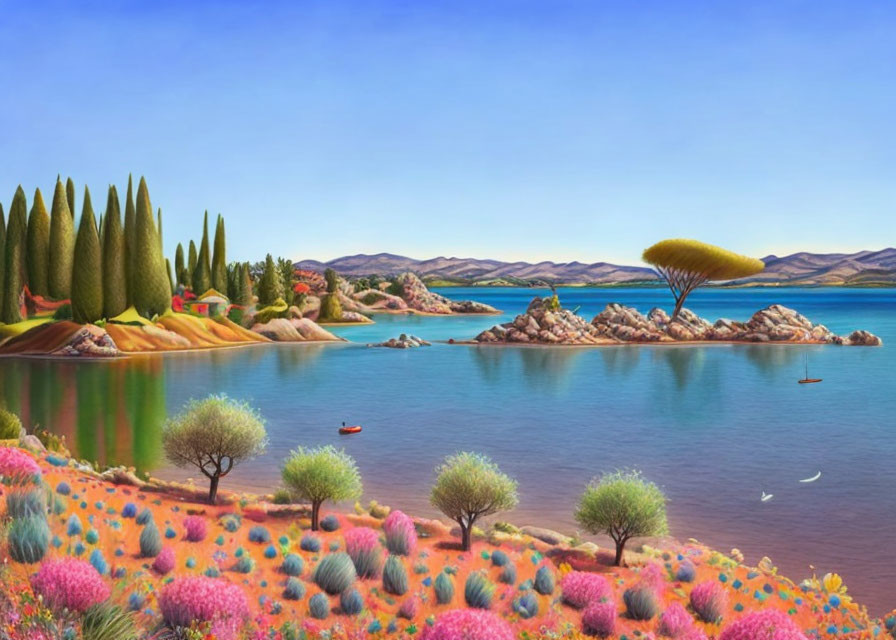 Tranquil lake scene with colorful flora, cypress trees, rolling hills, and small boats