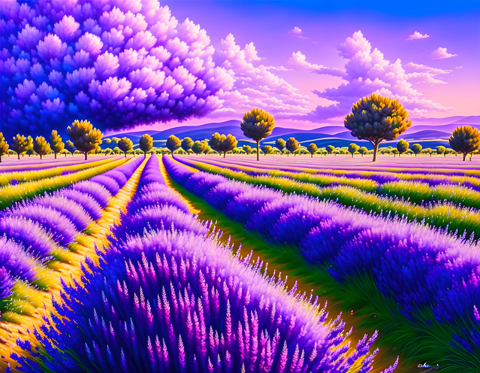 Lavender Fields in Purple Hues at Sunset