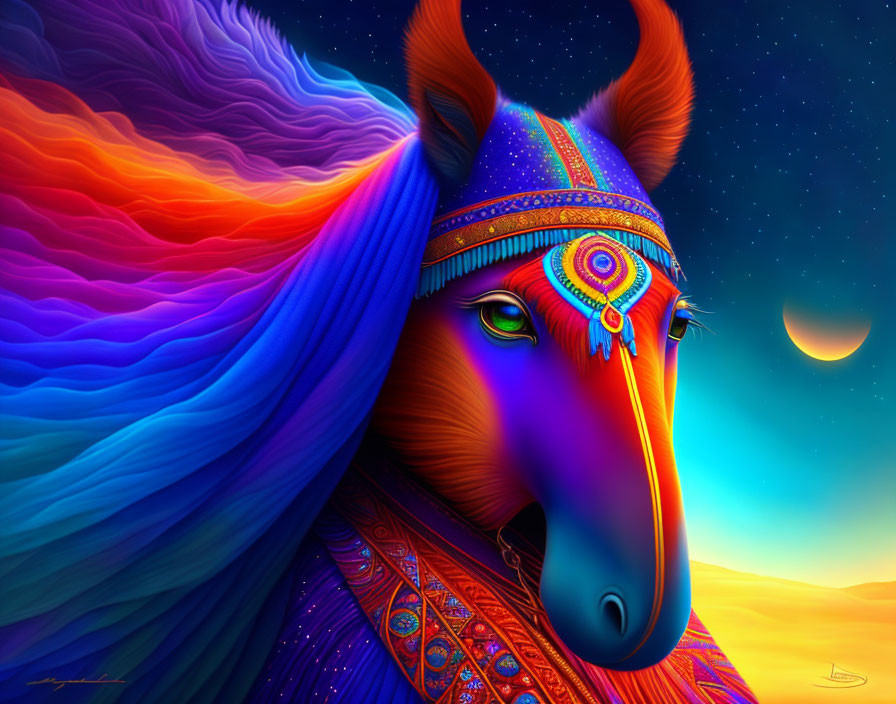 Colorful Horse Illustration with Flowing Mane and Beaded Tack in Sunset Sky