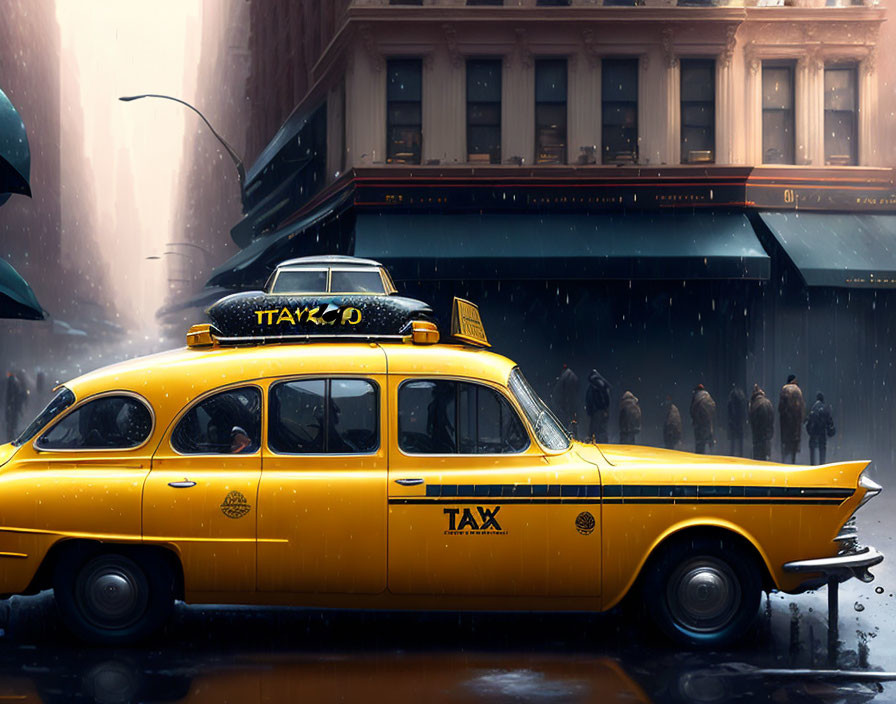 Yellow taxi parked on wet street with silhouettes of people walking under overcast sky