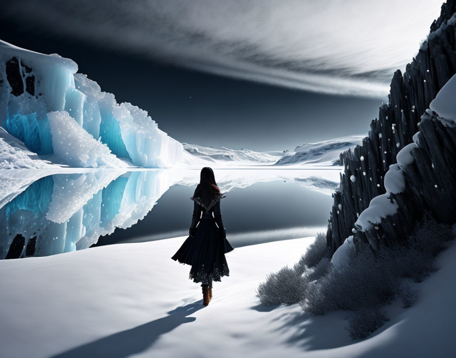 Person in Dark Outfit Among Ice Formations by Moonlit Water