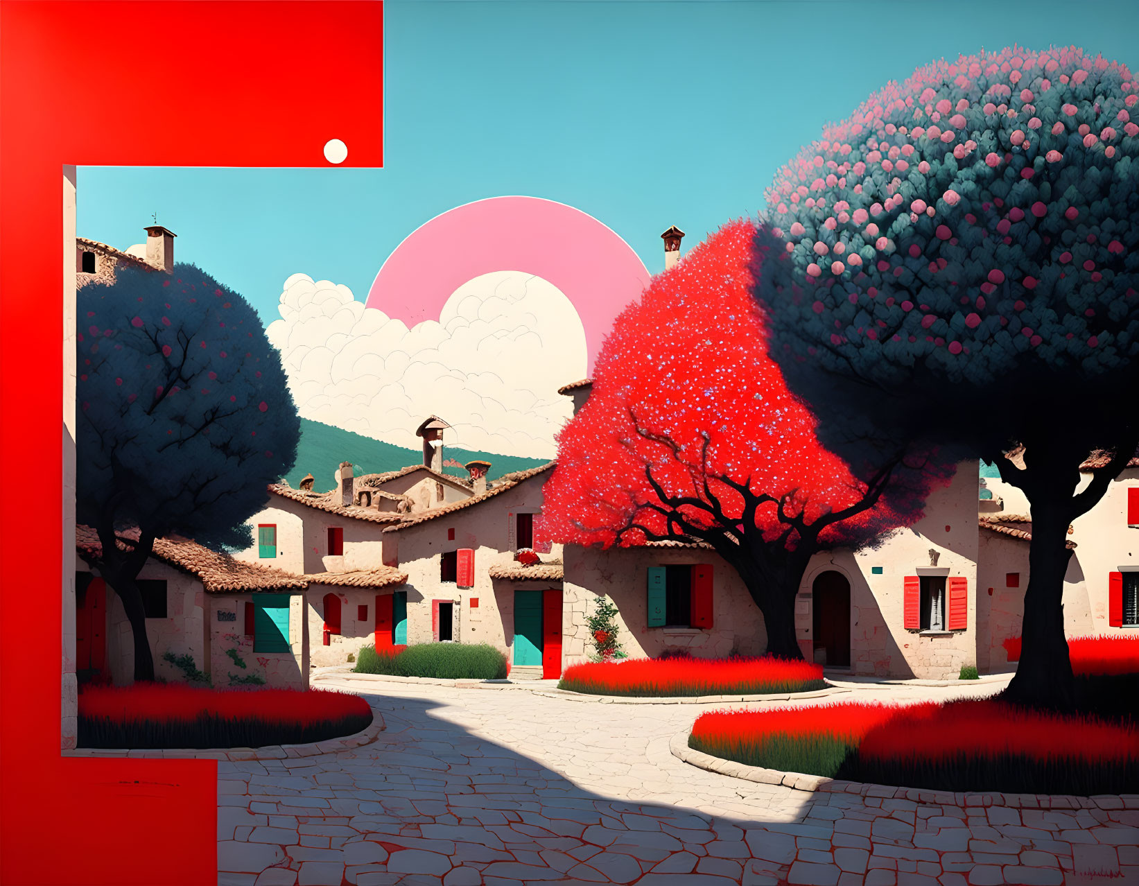 Colorful stylized village scene with red and blue trees under pink sun.