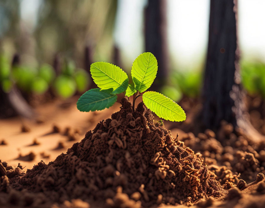 Vibrant green leaves of young plant in sunlight on blurred background