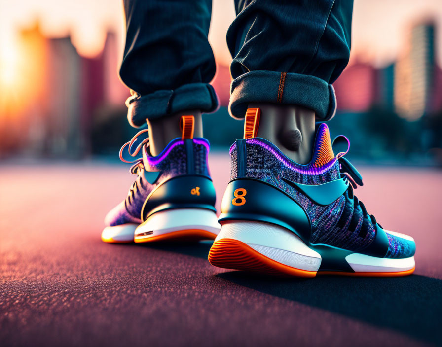 Colorful High-Top Sneakers on Urban Street at Sunset