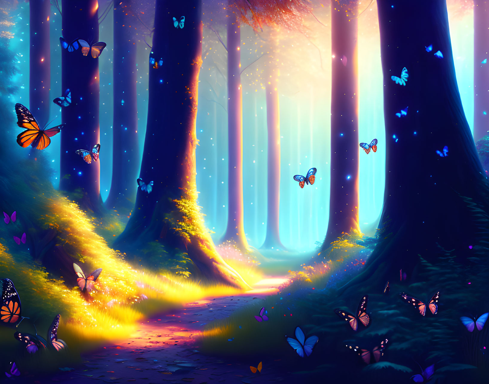 Mystical forest pathway with sunlight, butterflies, and ethereal light