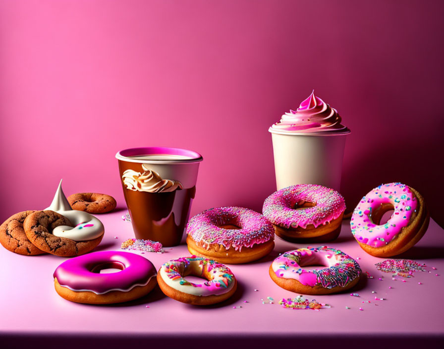 Assortment of frosted donuts, cookies, coffee cups, and frozen yogurt on pink background