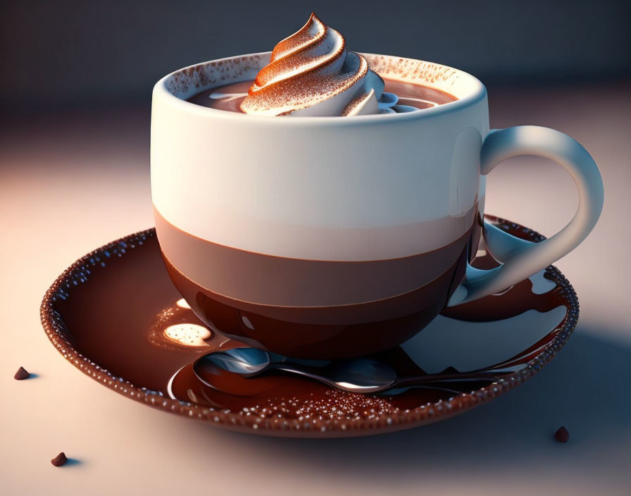 Whimsical digital illustration of hot chocolate with whipped cream