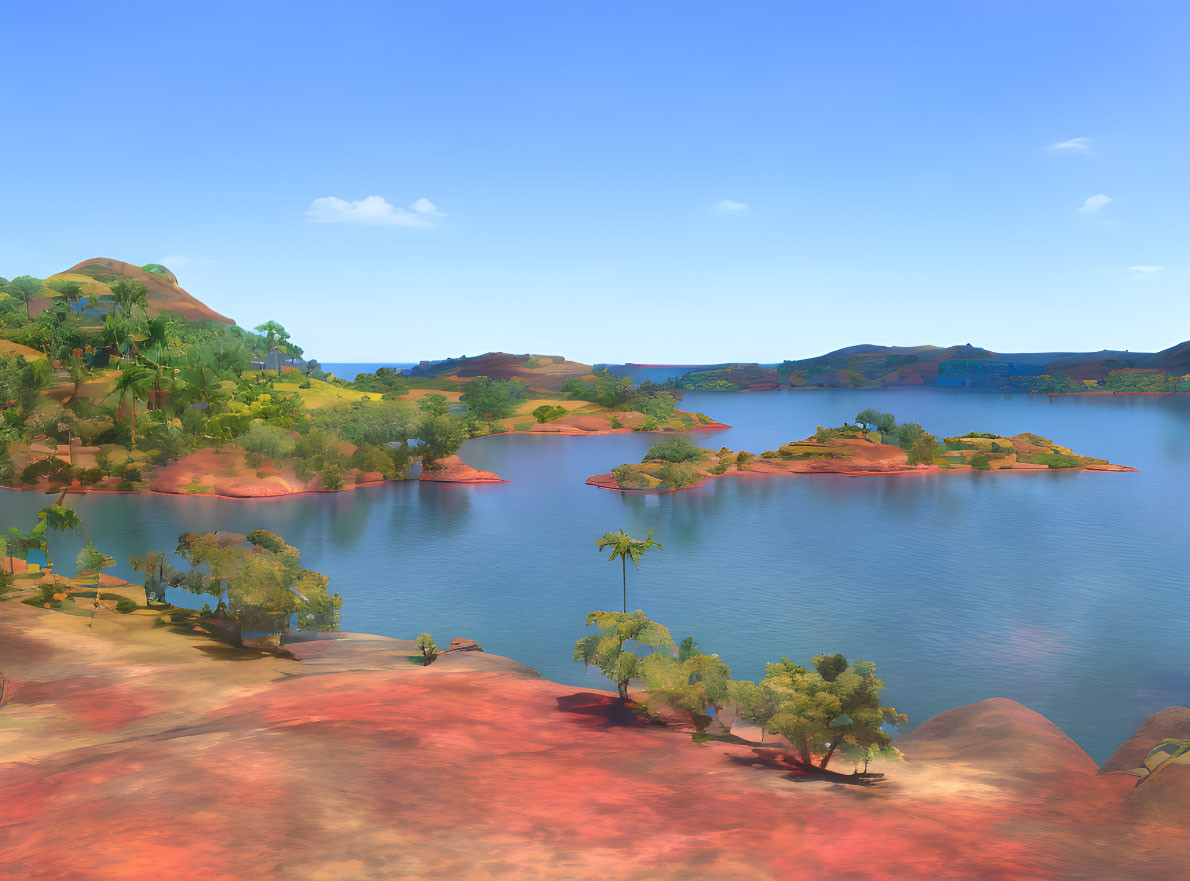 Tranquil lake with lush trees, clear sky, and colorful terrain