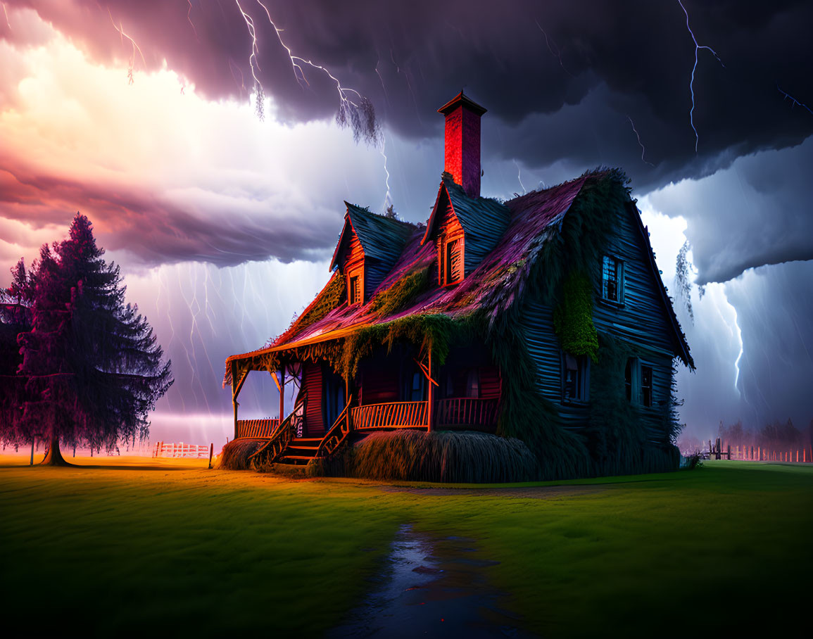 Overgrown Thatched Roof Cottage in Stormy Lightning Scene