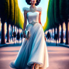 Woman in White Dress and Wide-Brimmed Hat Strolling on Tree-Lined Path at Dusk