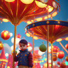 Twilight scene with person by ornate carousel and cityscape.