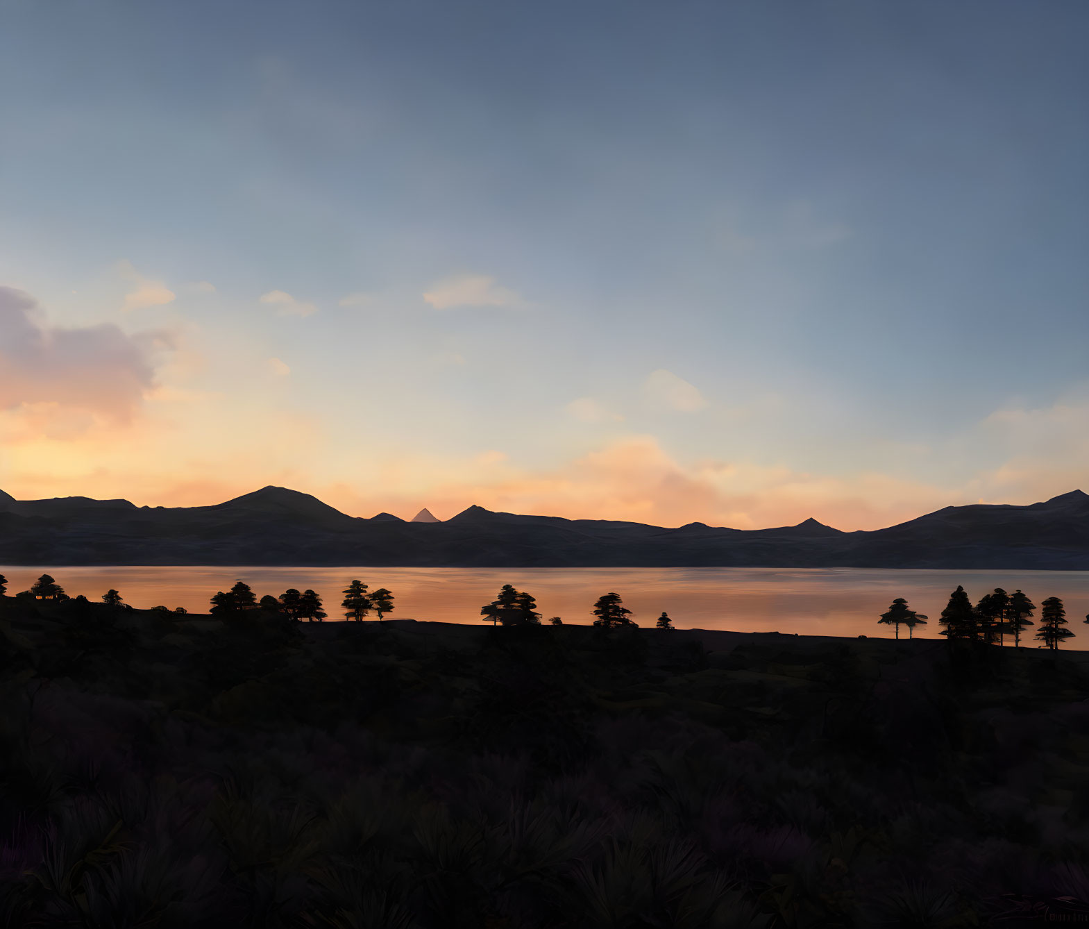 Tranquil sunset over lake with golden hues and silhouetted trees