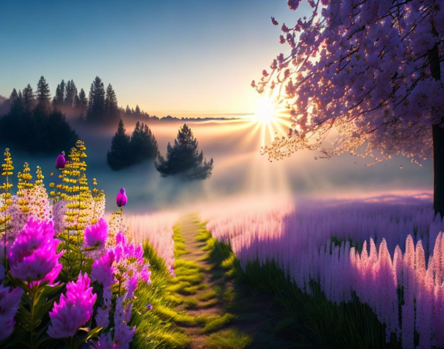 Misty meadow sunrise with vibrant flowers and forest path