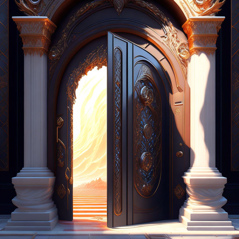 Ornate door with classical columns and relief details in dark interior