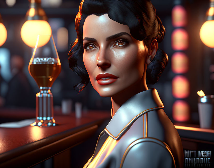 Stylized 3D illustrated woman in futuristic outfit at bar