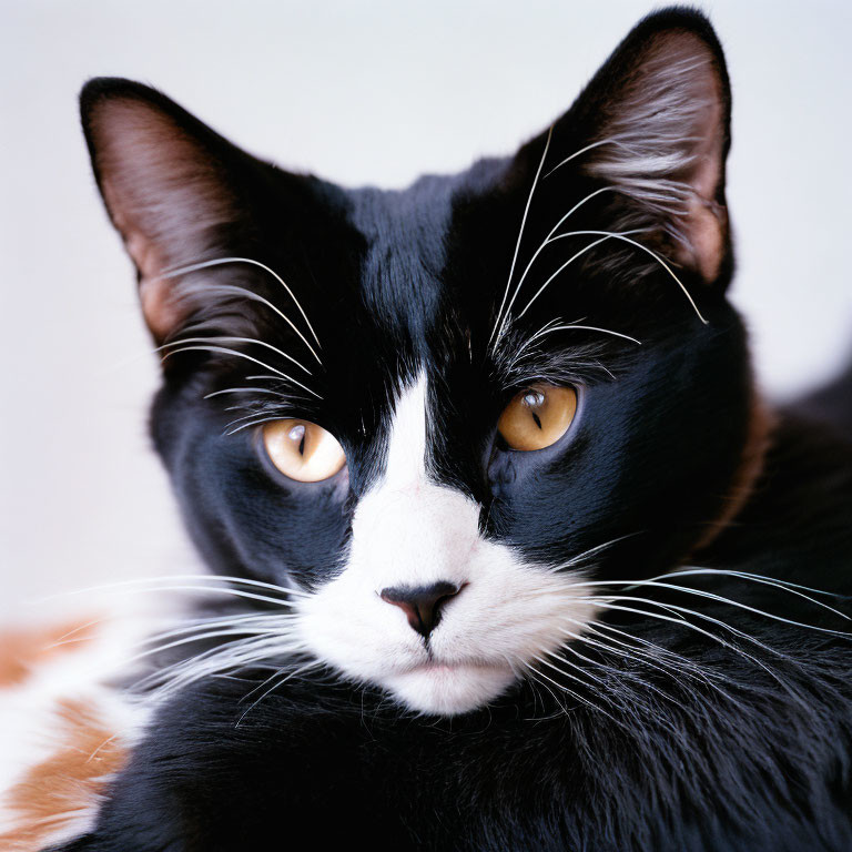 Black and White Cat with Amber Eyes and Whiskers Close-Up