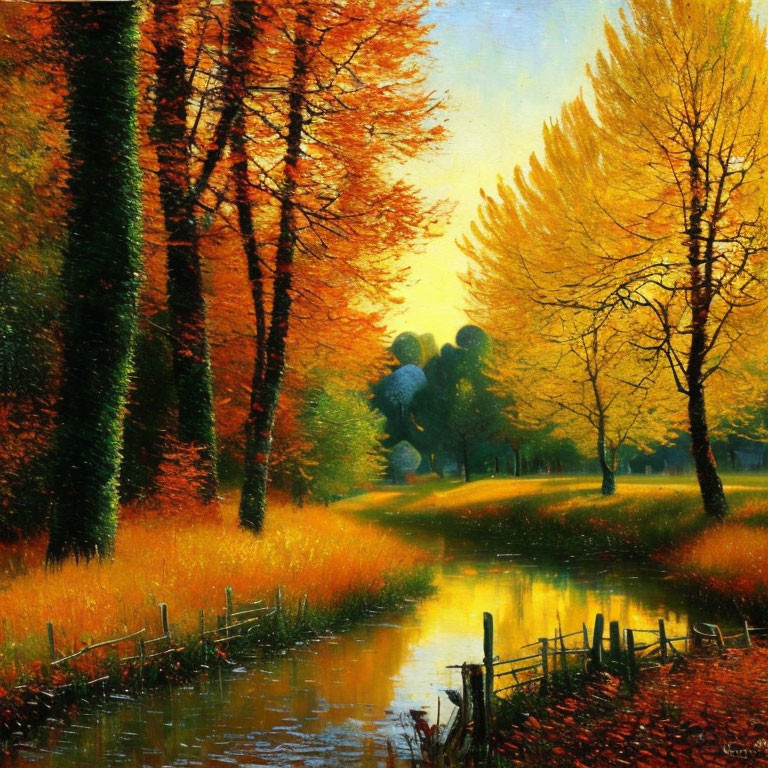 Vibrant autumn trees by tranquil river with rustic fence and warm light