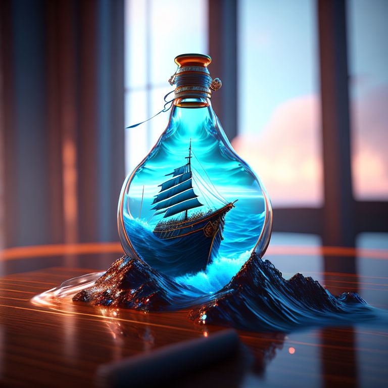 Ship in bottle on wooden surface with blue liquid splash, by window with sunset colors