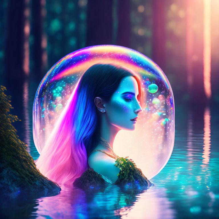 Multicolored hair woman in bubble in enchanted forest