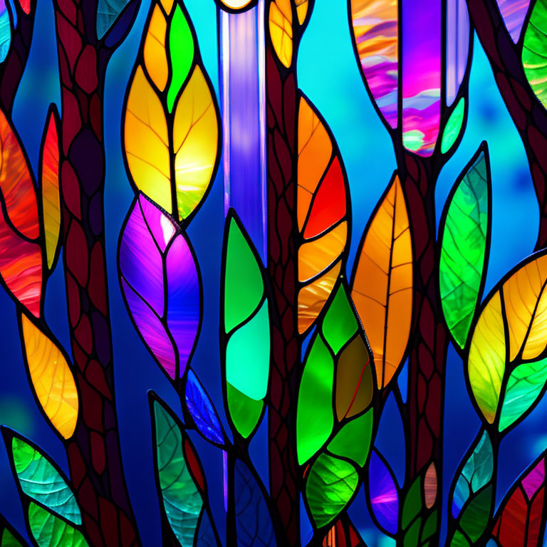 Vibrant interlocking leaf pattern in blue, red, yellow, purple, and green