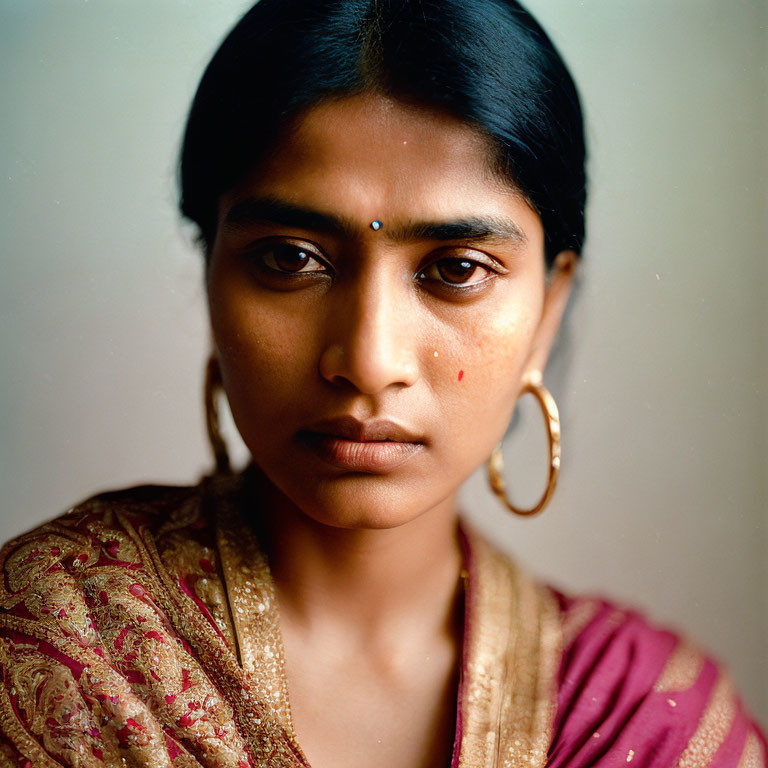 Traditional woman in sari with gold earrings and bindi