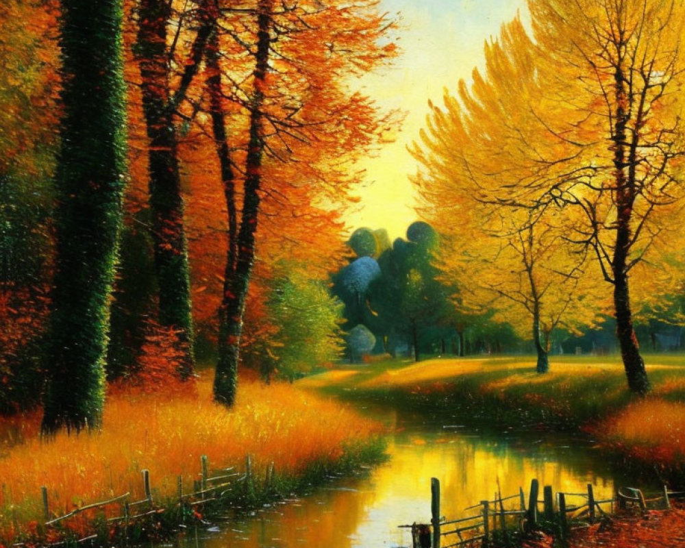 Vibrant autumn trees by tranquil river with rustic fence and warm light