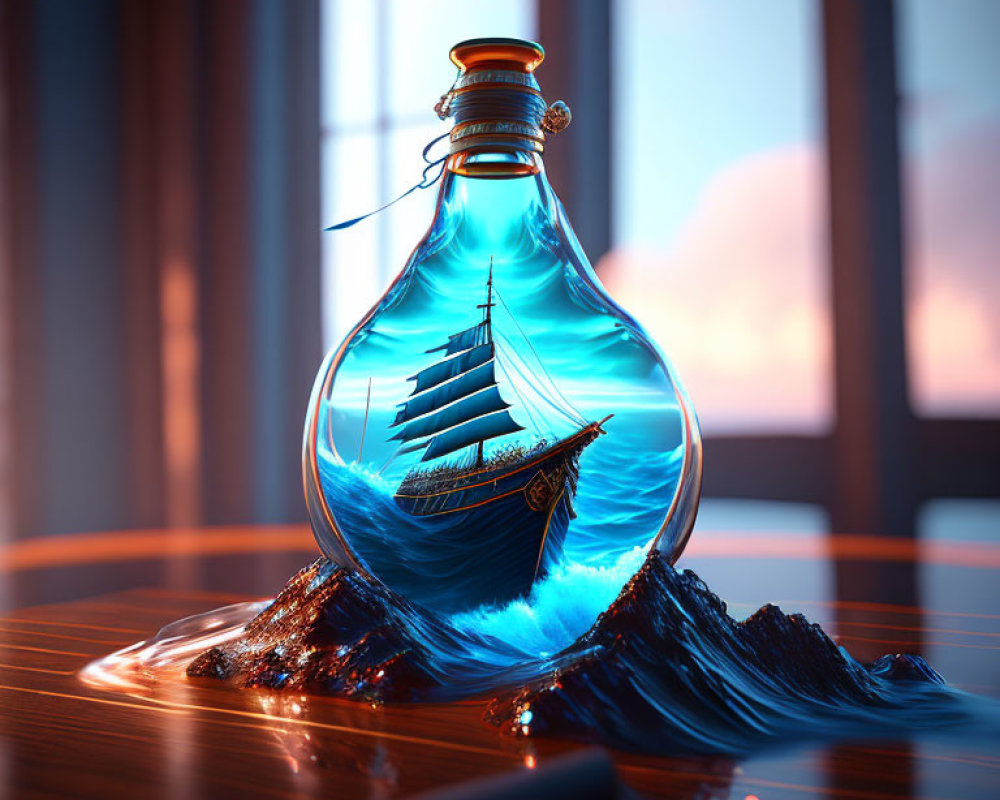 Ship in bottle on wooden surface with blue liquid splash, by window with sunset colors