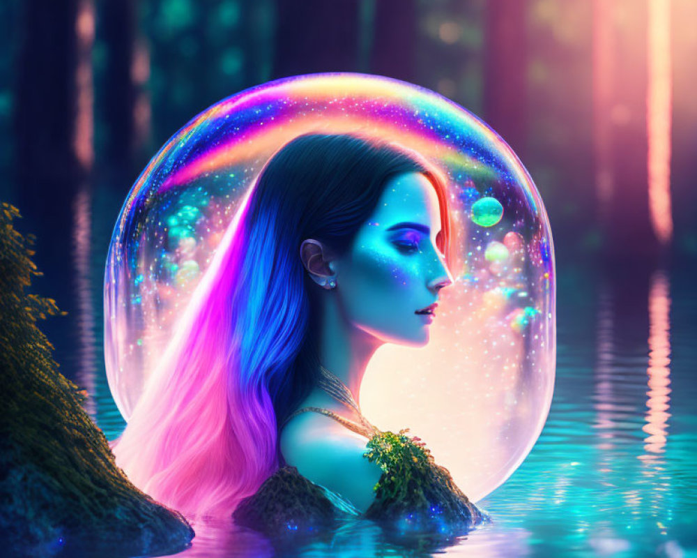 Multicolored hair woman in bubble in enchanted forest