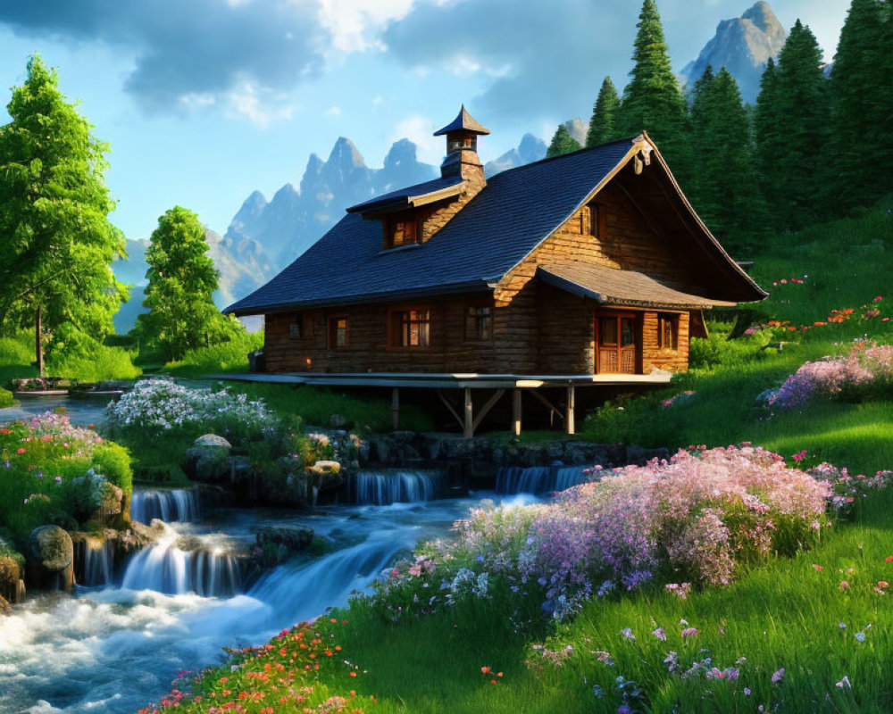 Tranquil Wooden Cabin by Stream and Mountains