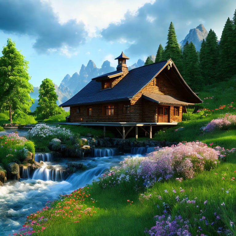 Tranquil Wooden Cabin by Stream and Mountains