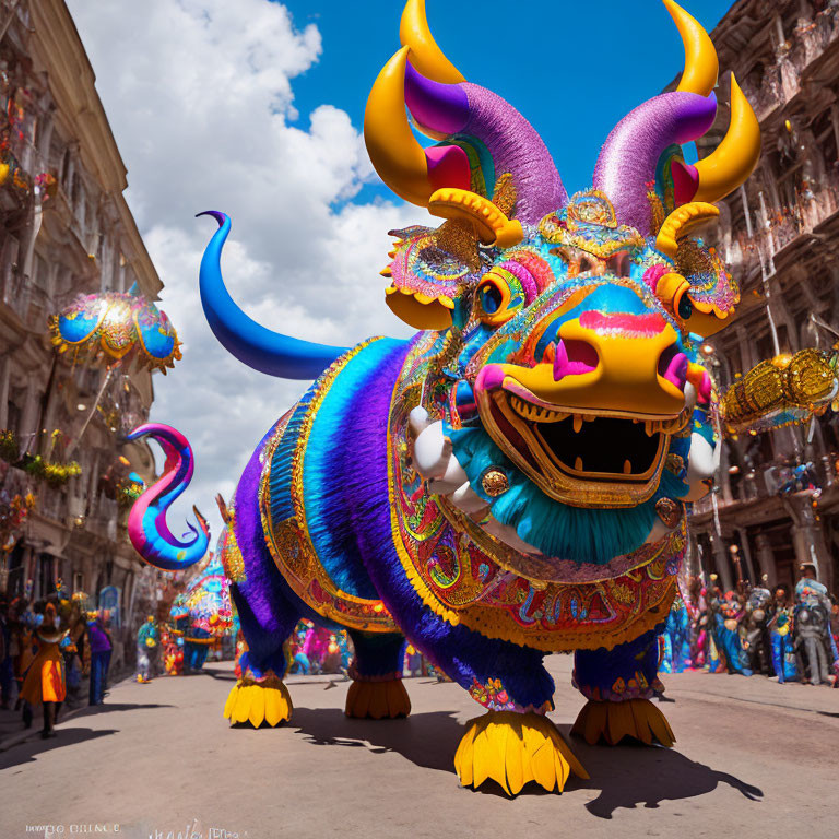 Colorful Bull Float Surrounded by Costumed Participants in Vibrant Parade