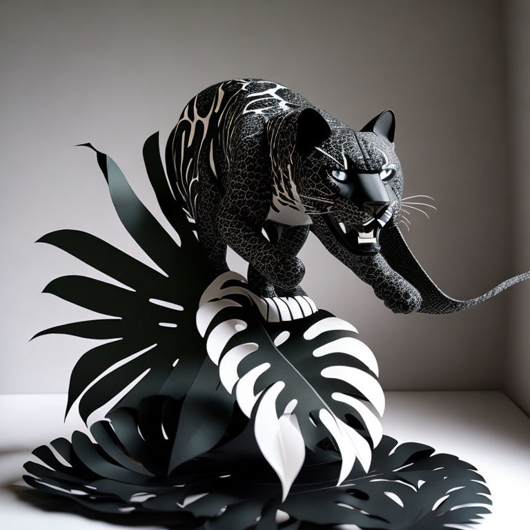 Monochrome paper jaguar sculpture with intricate foliage patterns