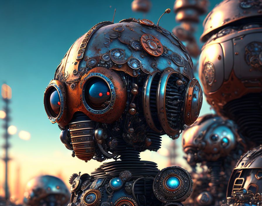 Detailed 3D Illustration of Rusty Spherical Robot with Red Eyes Amid Metalwork Robots