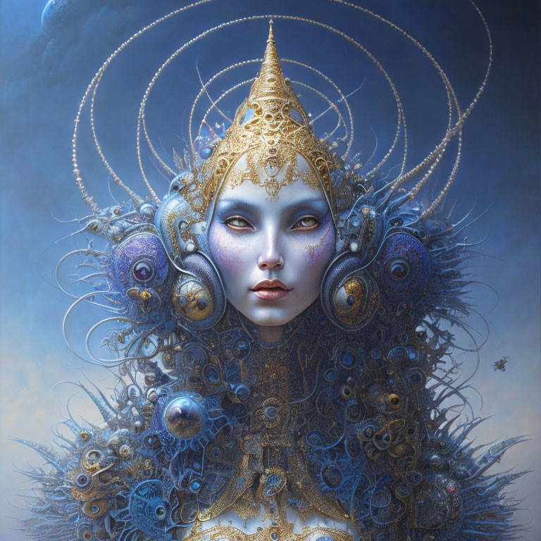 Ethereal female figure adorned in ornate gold and blue headgear and jewelry, surrounded by glowing