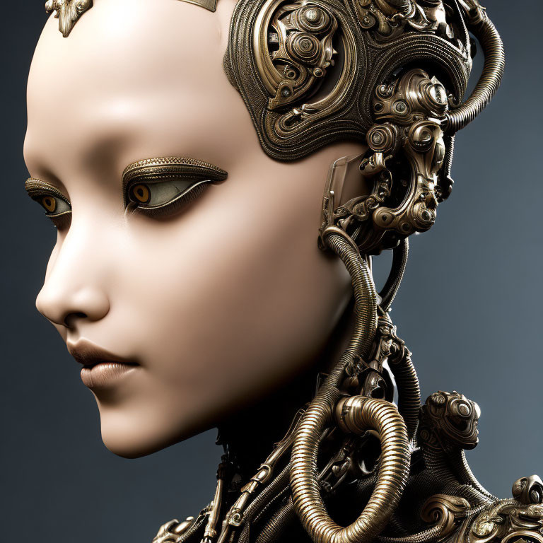 Detailed humanoid robot head with intricate metallic gears and serene expression