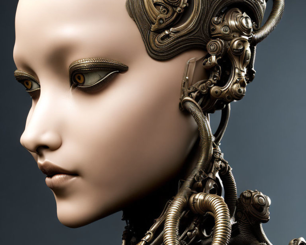 Detailed humanoid robot head with intricate metallic gears and serene expression