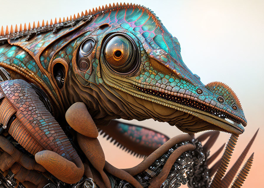 Detailed digital artwork: Mechanized chameleon creature with vibrant colors