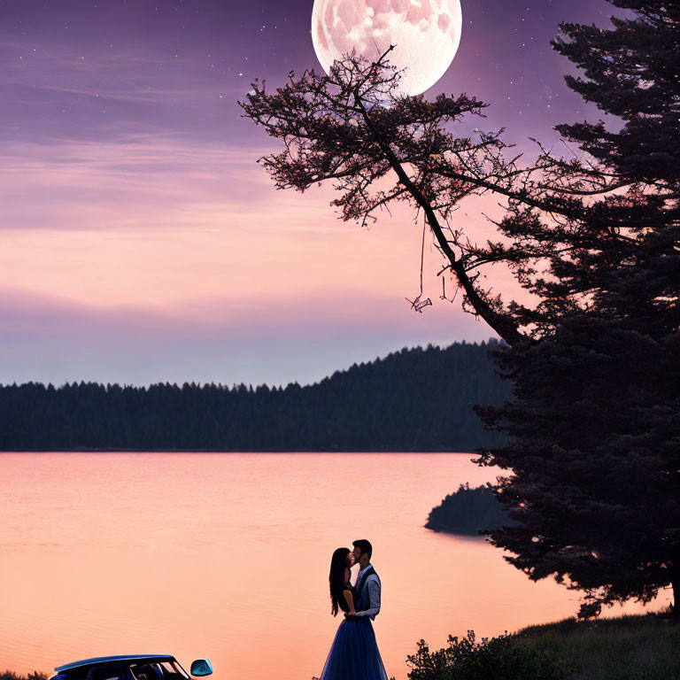 Formal attire couple embracing by classic car under moonlit sky