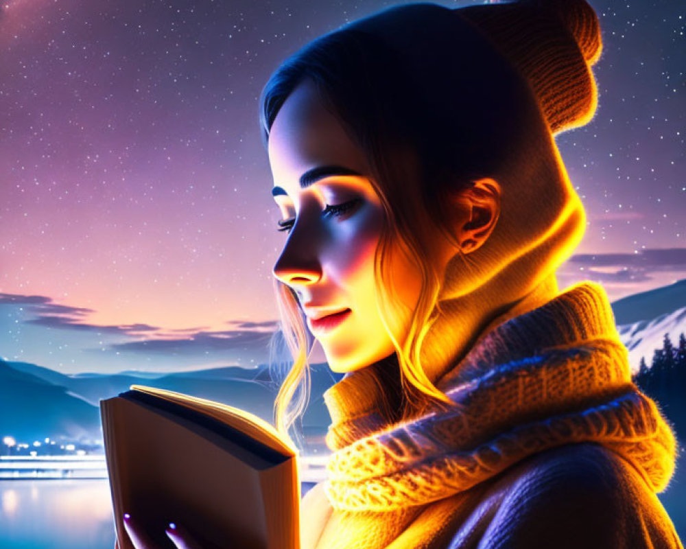 Woman reading glowing book under starry sky by lake and mountains