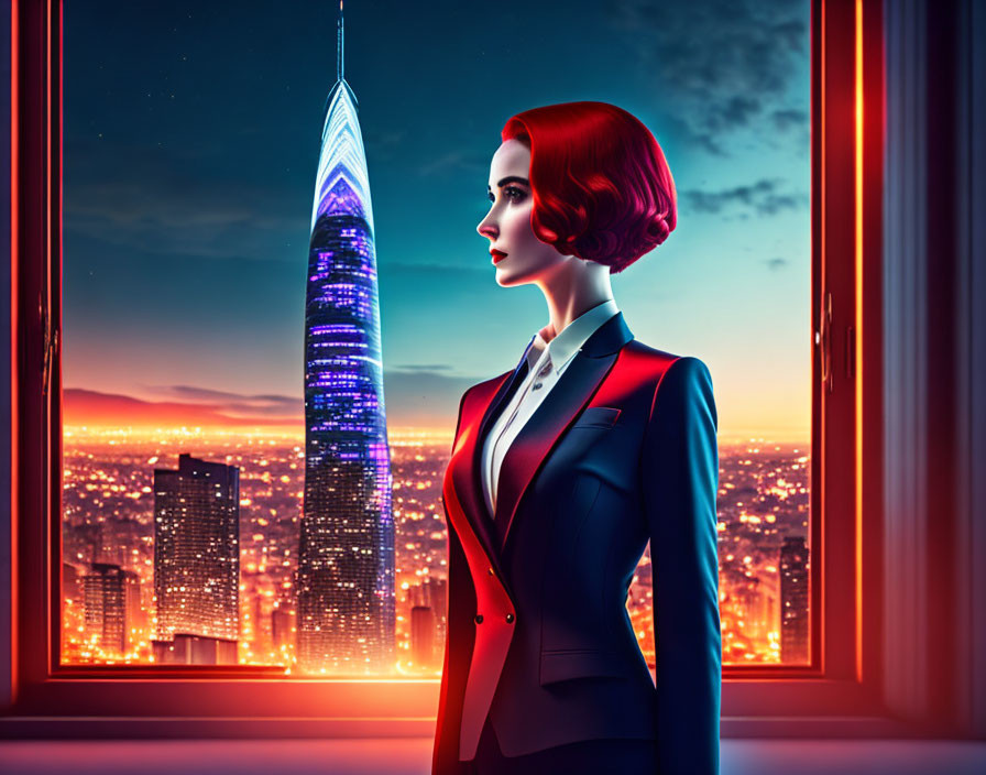 Stylized illustration of woman in business suit gazing at futuristic cityscape at twilight